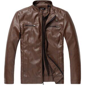 Men Brown Faux Leather Stand Collar Jacket Motorcycle Lightweight Outwear Style